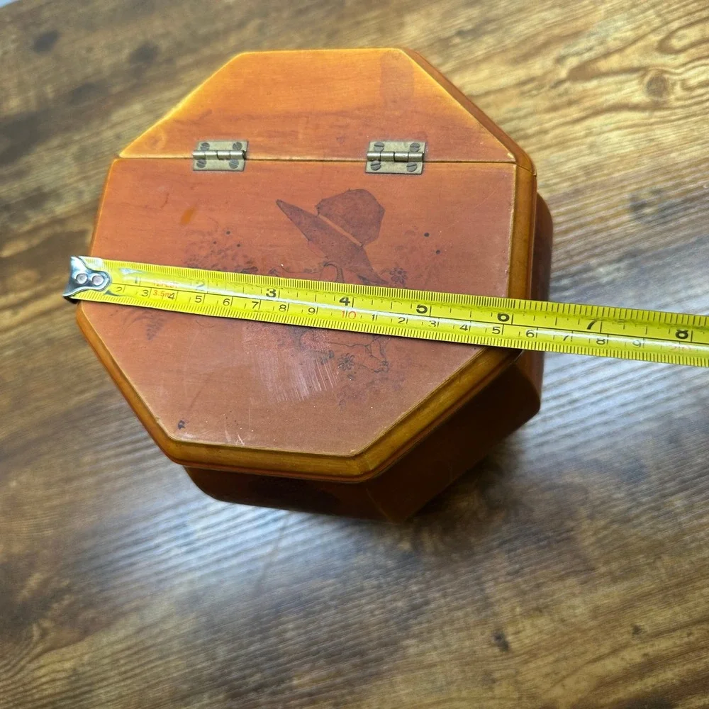 Vintage Wooden Octagon Sewing Box Sunbonnet Girl Illustrations Storage Bin